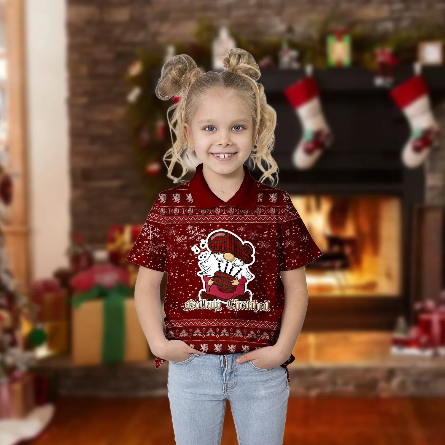 Brodie Clan Christmas Family Polo Shirt with Funny Gnome Playing Bagpipes