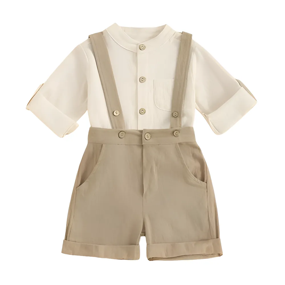 Cotton Linen Bodysuit Suspender Shorts Set