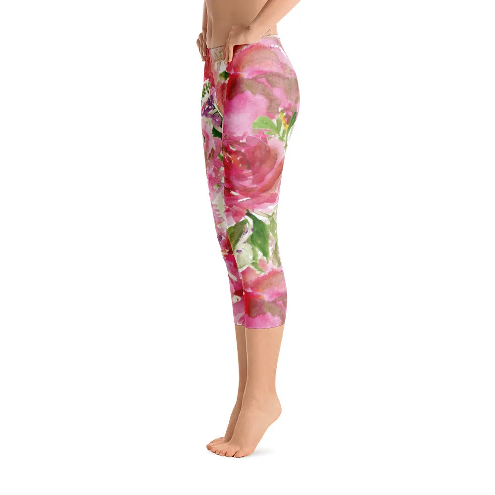 Pink Flower Women's Capris Tights, Princess Rose Floral Designer Casual 38–40 UPF Capri Leggings Activewear Outfit - Made in USA/EU/MX (US Size: XS-XL)
